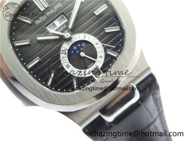 Nautilus 5726 Complicated SS GRF 1:1 Best Edition Black Textured Dial on Black Leather Strap A324 V3