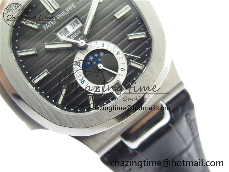 Nautilus 5726 Complicated SS GRF 1:1 Best Edition Black Textured Dial on Black Leather Strap A324 V3