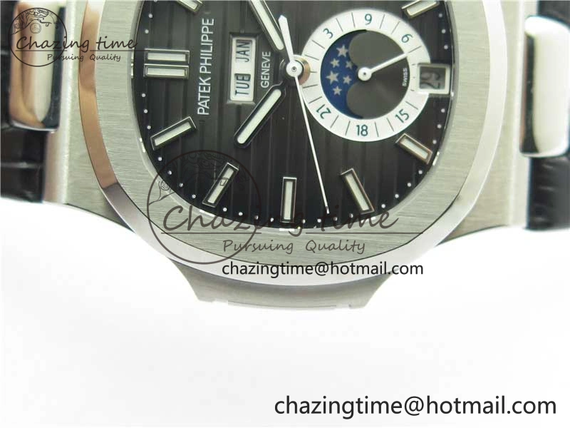 Nautilus 5726 Complicated SS GRF 1:1 Best Edition Black Textured Dial on Black Leather Strap A324 V3