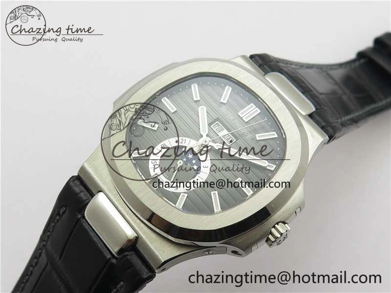 Nautilus 5726 Complicated SS GRF 1:1 Best Edition Black Textured Dial on Black Leather Strap A324 V3