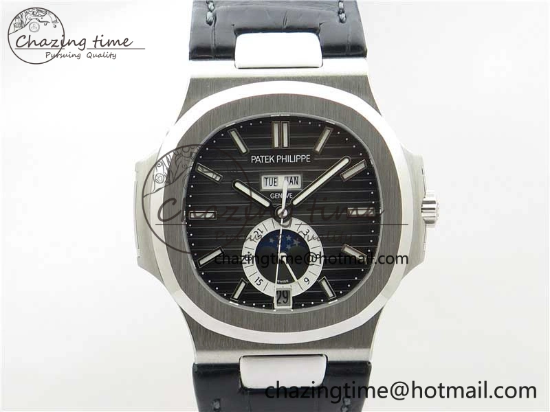 Nautilus 5726 Complicated SS GRF 1:1 Best Edition Black Textured Dial on Black Leather Strap A324 V3