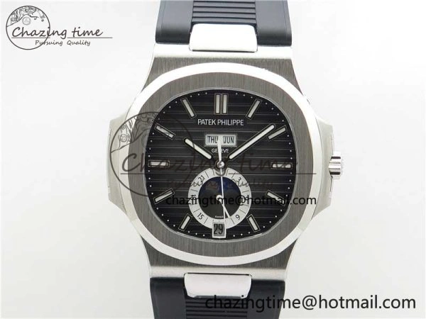 Nautilus 5726 Complicated SS GRF 1:1 Best Edition Black Textured Dial on Black Rubber Strap A324 V3