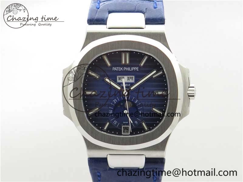 Nautilus 5726 Complicated SS GRF 1:1 Best Edition Blue Textured Dial on Blue Leather Strap A324 V3