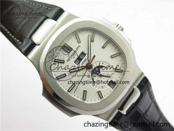 Nautilus 5726 Complicated SS GRF 1:1 Best Edition White Textured Dial on Black Leather Strap A324 V3