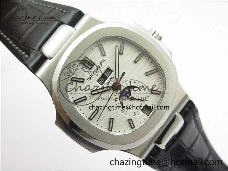 Nautilus 5726 Complicated SS GRF 1:1 Best Edition White Textured Dial on Black Leather Strap A324 V3