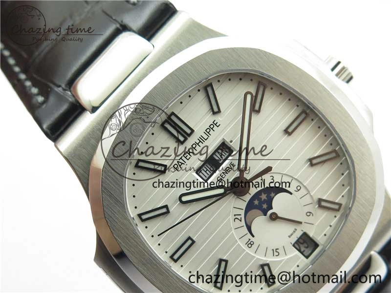 Nautilus 5726 Complicated SS GRF 1:1 Best Edition White Textured Dial on Black Leather Strap A324 V3