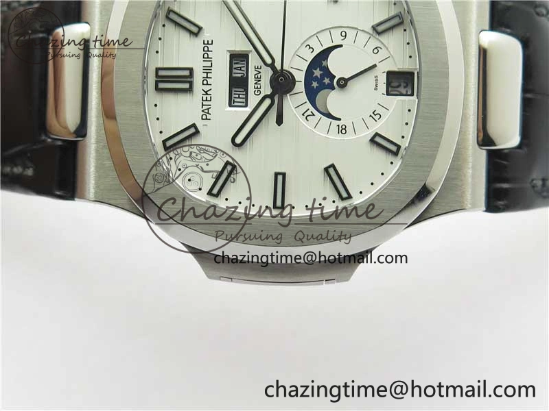 Nautilus 5726 Complicated SS GRF 1:1 Best Edition White Textured Dial on Black Leather Strap A324 V3