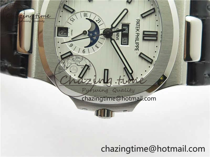 Nautilus 5726 Complicated SS GRF 1:1 Best Edition White Textured Dial on Black Leather Strap A324 V3