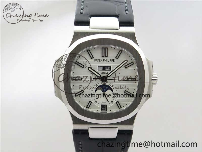Nautilus 5726 Complicated SS GRF 1:1 Best Edition White Textured Dial on Black Leather Strap A324 V3