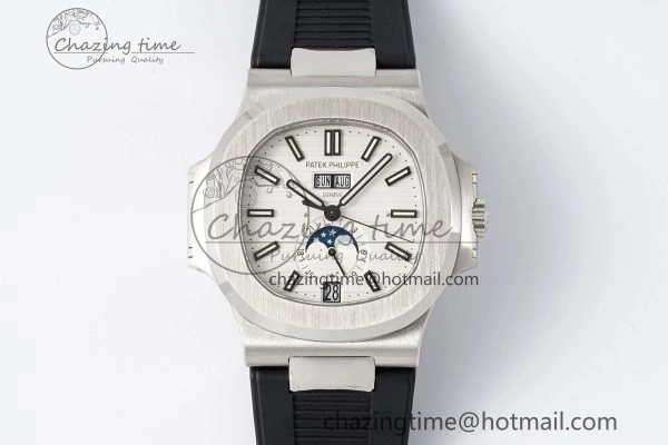 Nautilus 5726 Complicated SS PPF 1:1 Best Edition White Textured Dial on Black Rubber Strap A324