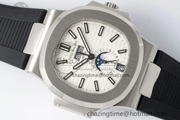Nautilus 5726 Complicated SS PPF 1:1 Best Edition White Textured Dial on Black Rubber Strap A324