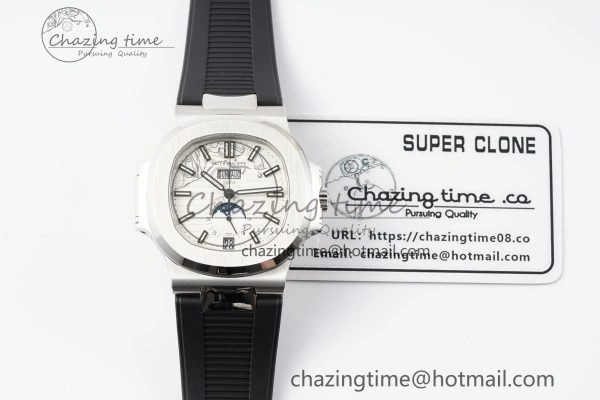 Nautilus 5726 Complicated SS PPF 1:1 Best Edition White Textured Dial on Black Rubber Strap A324
