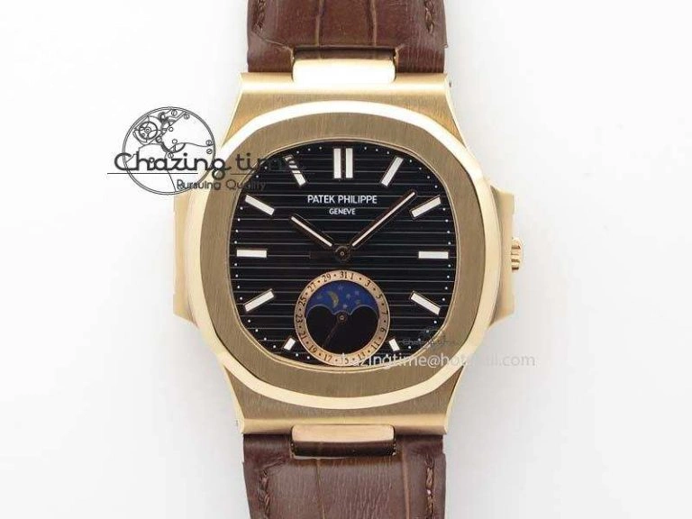 Nautilus 5726 Moonphase RG Black Dial On Brown Leather Strap A324