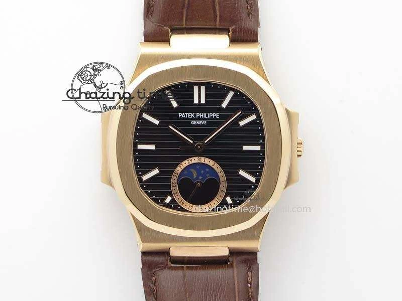 Nautilus 5726 Moonphase RG Black Dial On Brown Leather Strap A324