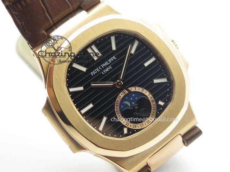 Nautilus 5726 Moonphase RG Black Dial On Brown Leather Strap A324