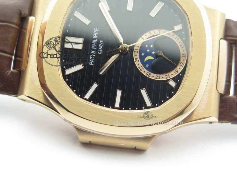 Nautilus 5726 Moonphase RG Black Dial On Brown Leather Strap A324