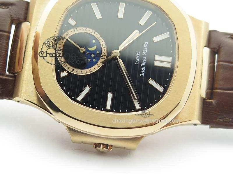 Nautilus 5726 Moonphase RG Black Dial On Brown Leather Strap A324