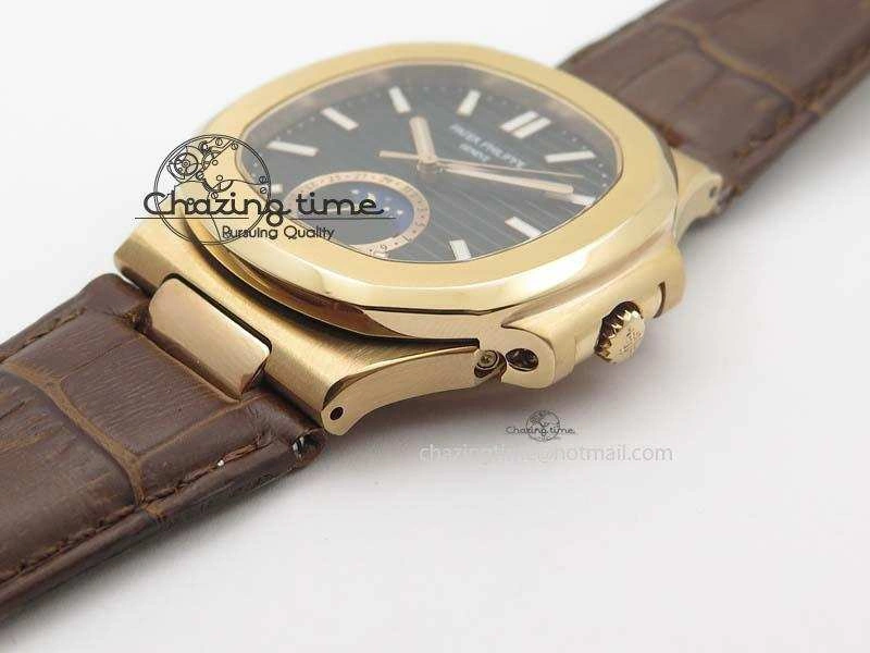 Nautilus 5726 Moonphase RG Black Dial On Brown Leather Strap A324