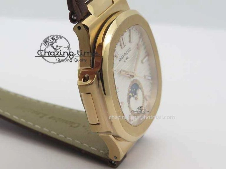 Nautilus 5726 Moonphase RG White Dial On Brown Leather Strap A324