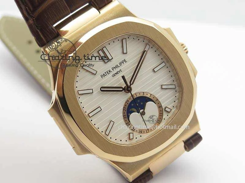 Nautilus 5726 Moonphase RG White Dial On Brown Leather Strap A324