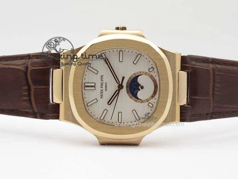 Nautilus 5726 Moonphase RG White Dial On Brown Leather Strap A324