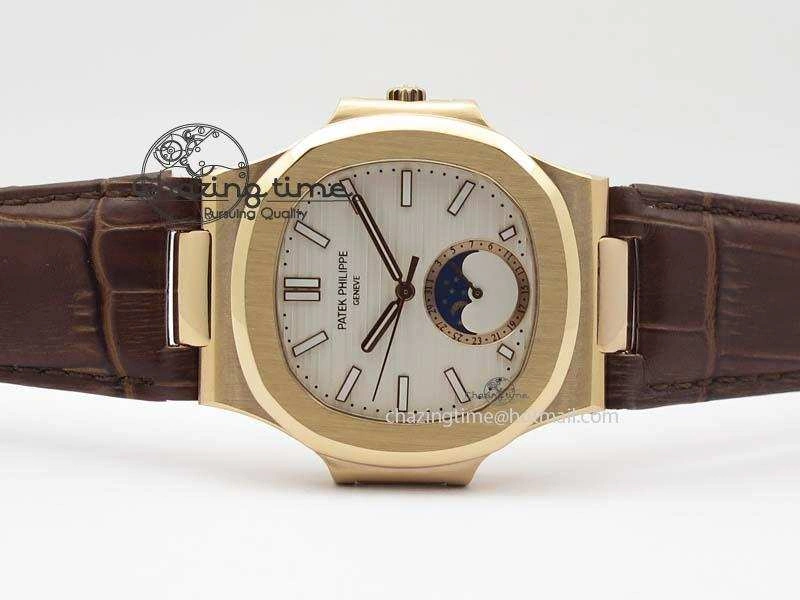 Nautilus 5726 Moonphase RG White Dial On Brown Leather Strap A324