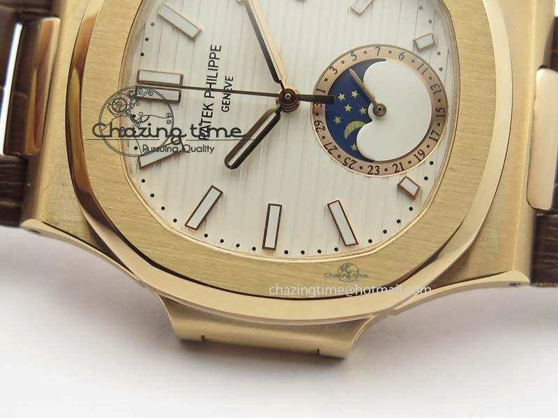 Nautilus 5726 Moonphase RG White Dial On Brown Leather Strap A324