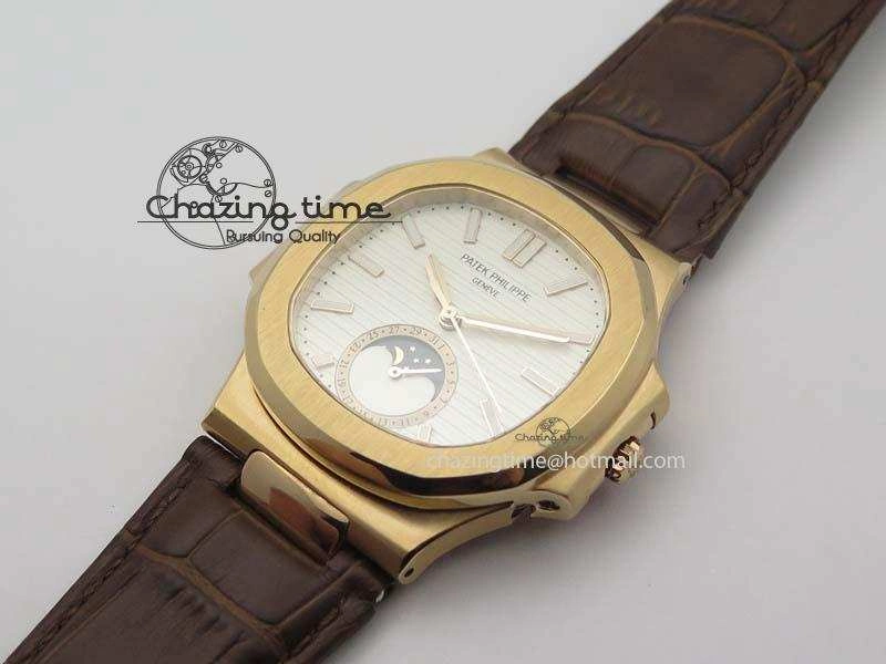Nautilus 5726 Moonphase RG White Dial On Brown Leather Strap A324