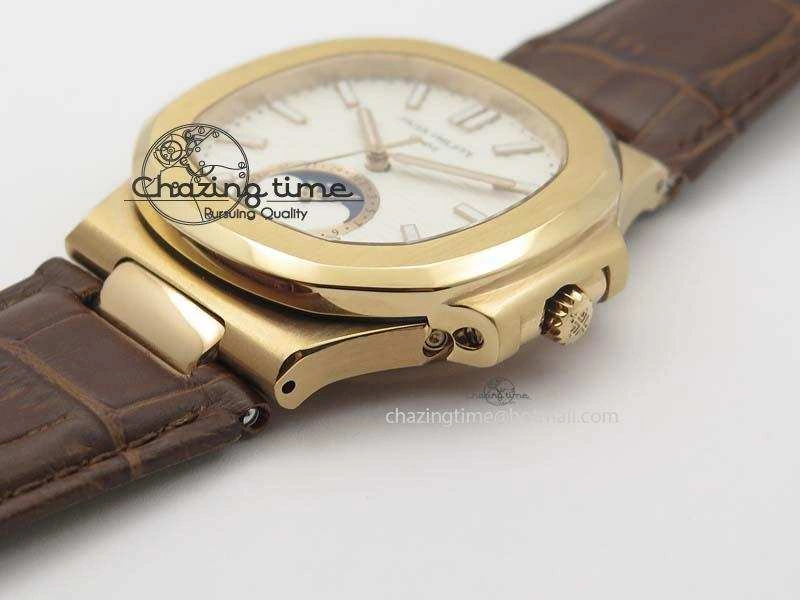 Nautilus 5726 Moonphase RG White Dial On Brown Leather Strap A324