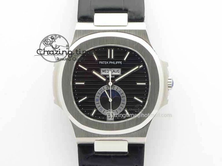 Nautilus 5726 Moonphase SS Black Textured Dial On Black Leather Strap