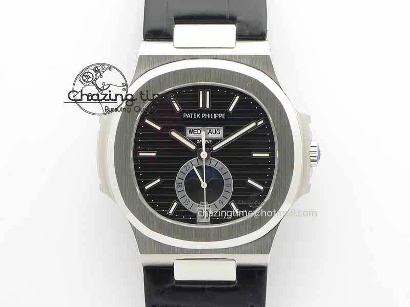 Nautilus 5726 Moonphase SS Black Textured Dial On Black Leather Strap