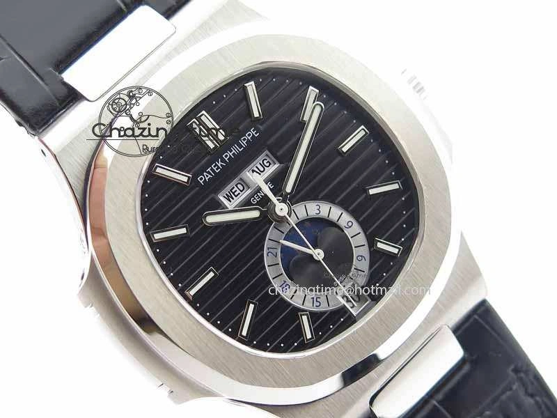Nautilus 5726 Moonphase SS Black Textured Dial On Black Leather Strap
