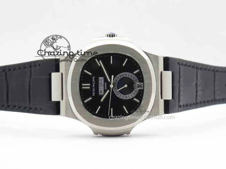 Nautilus 5726 Moonphase SS Black Textured Dial On Black Leather Strap