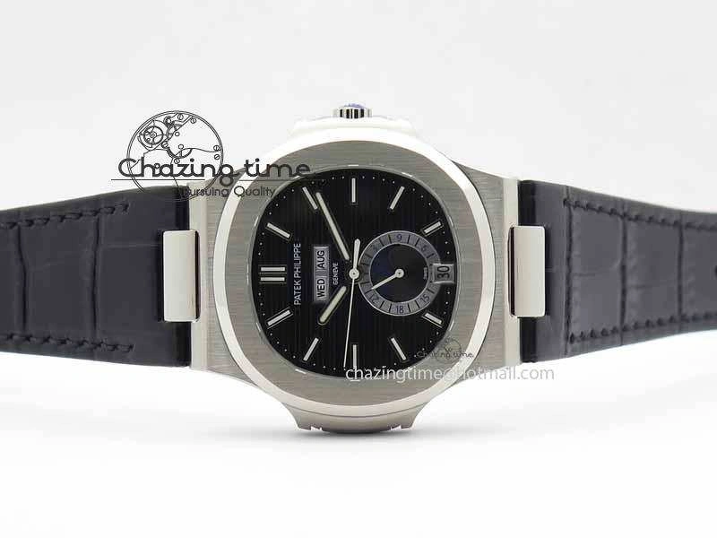 Nautilus 5726 Moonphase SS Black Textured Dial On Black Leather Strap