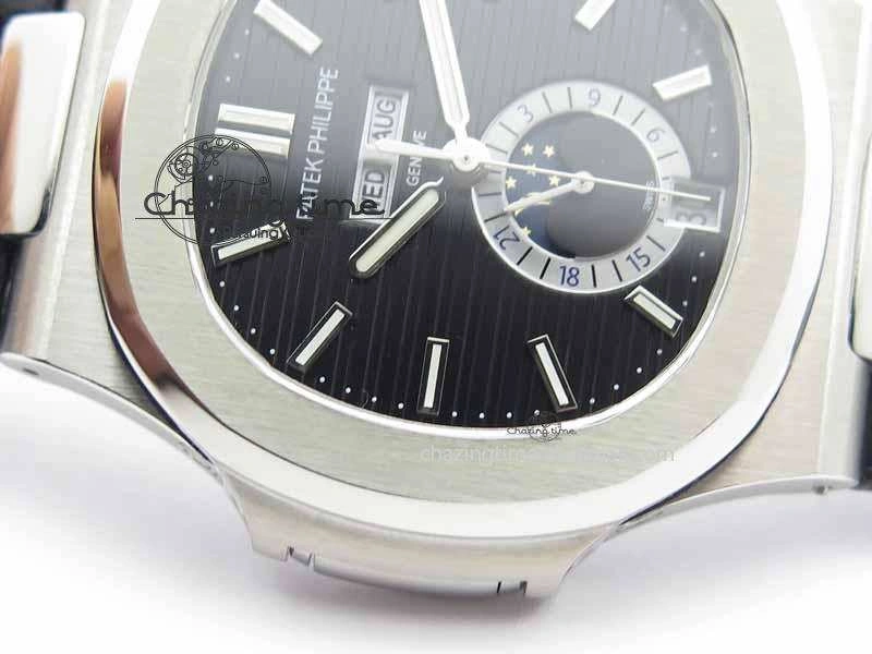 Nautilus 5726 Moonphase SS Black Textured Dial On Black Leather Strap