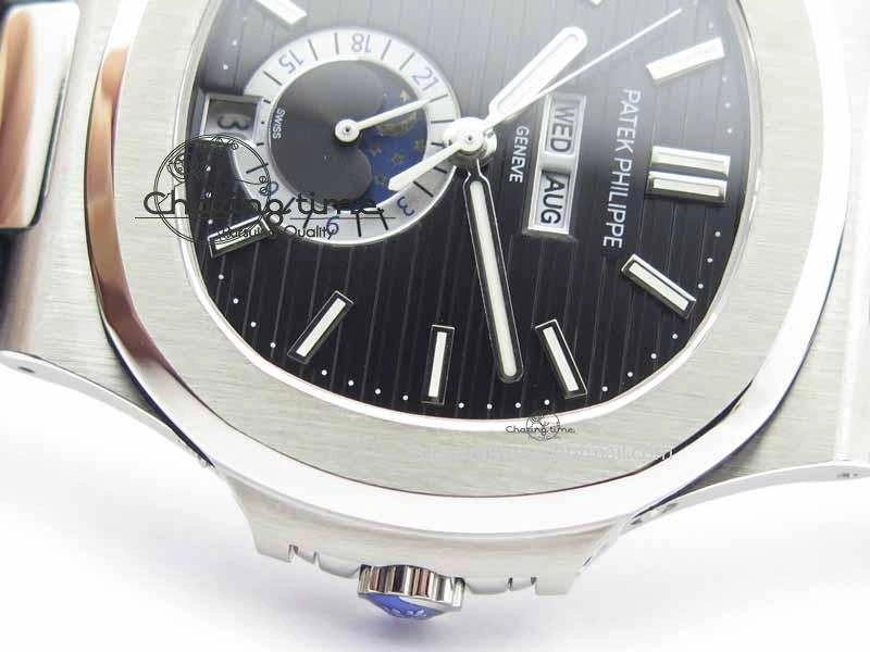 Nautilus 5726 Moonphase SS Black Textured Dial On Black Leather Strap