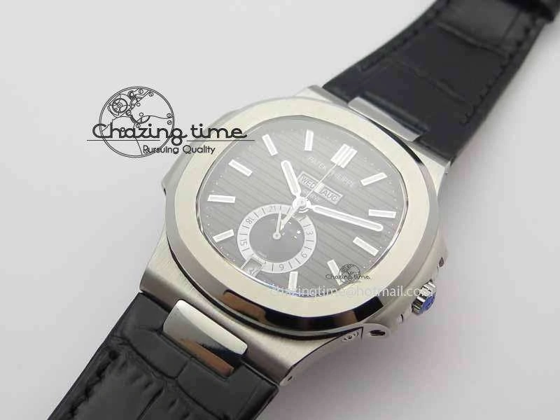 Nautilus 5726 Moonphase SS Black Textured Dial On Black Leather Strap