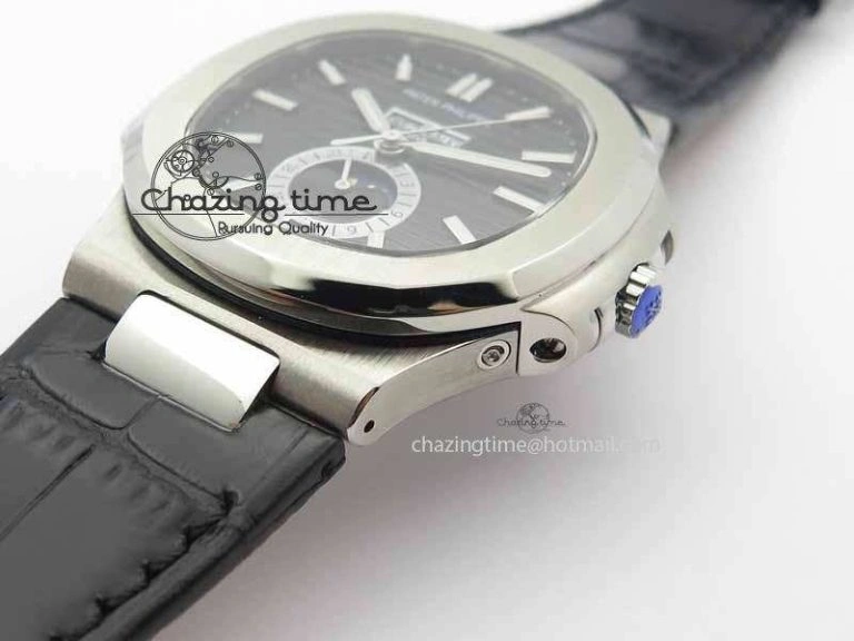 Nautilus 5726 Moonphase SS Black Textured Dial On Black Leather Strap