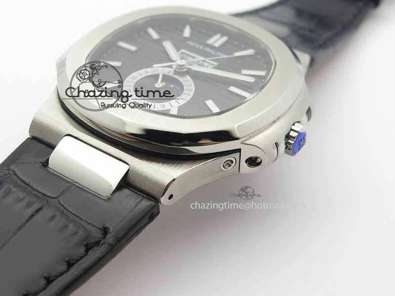 Nautilus 5726 Moonphase SS Black Textured Dial On Black Leather Strap
