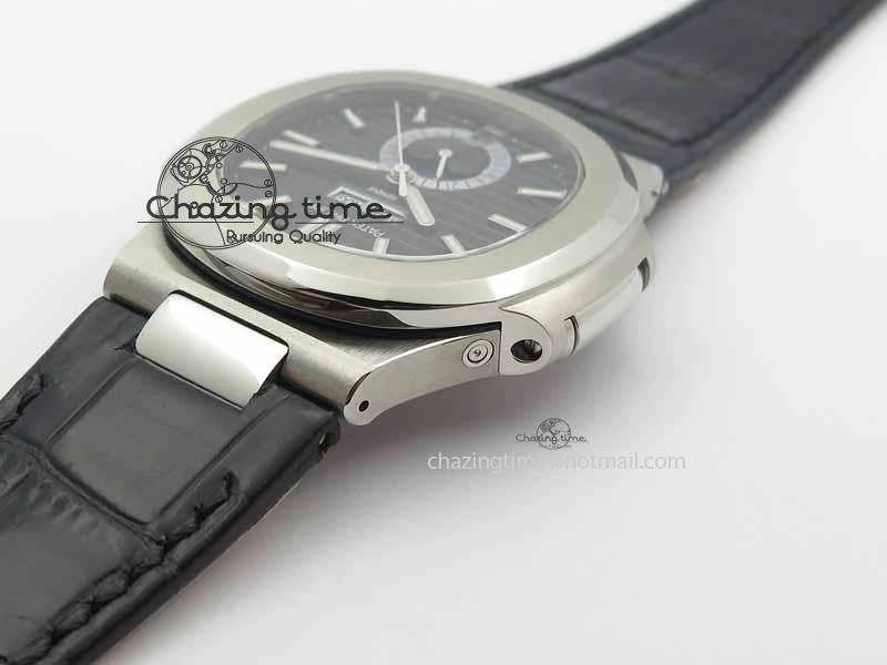 Nautilus 5726 Moonphase SS Black Textured Dial On Black Leather Strap