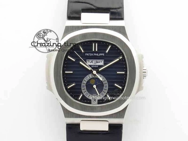 Nautilus 5726 Moonphase SS Blue Textured Dial On Black Leather Strap
