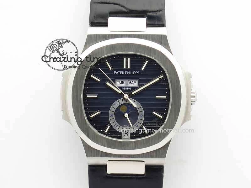 Nautilus 5726 Moonphase SS Blue Textured Dial On Black Leather Strap
