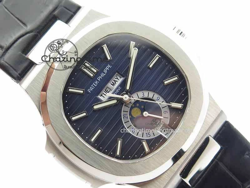 Nautilus 5726 Moonphase SS Blue Textured Dial On Black Leather Strap