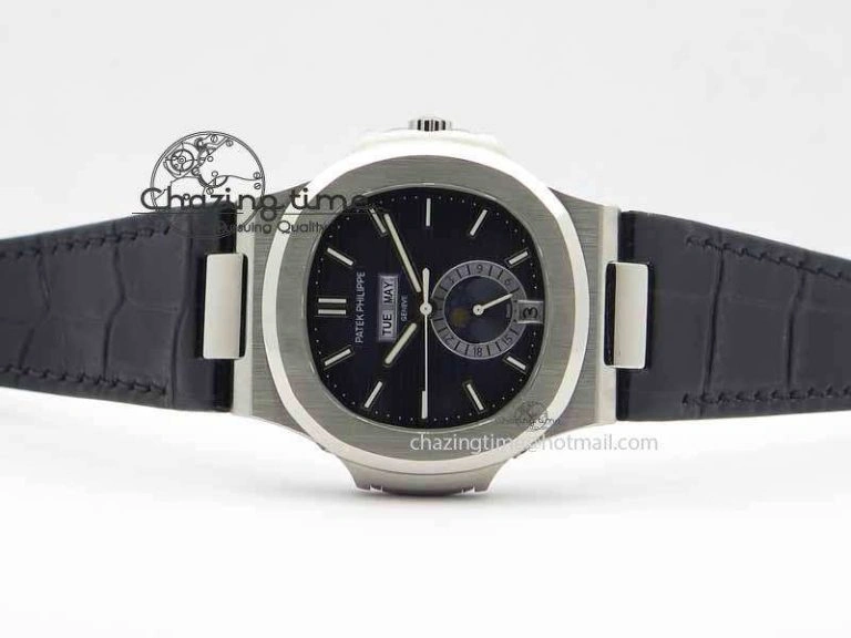 Nautilus 5726 Moonphase SS Blue Textured Dial On Black Leather Strap