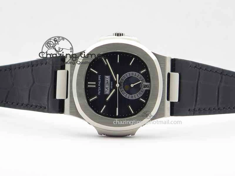 Nautilus 5726 Moonphase SS Blue Textured Dial On Black Leather Strap