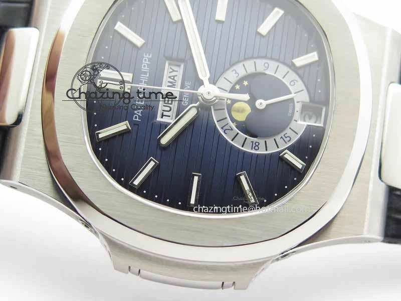 Nautilus 5726 Moonphase SS Blue Textured Dial On Black Leather Strap