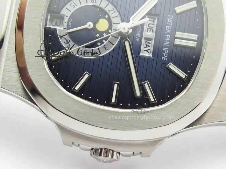 Nautilus 5726 Moonphase SS Blue Textured Dial On Black Leather Strap