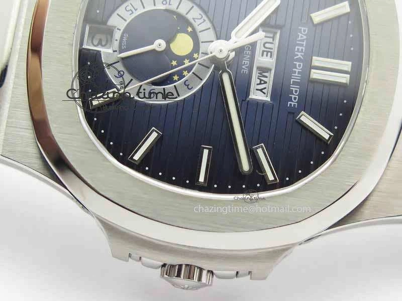 Nautilus 5726 Moonphase SS Blue Textured Dial On Black Leather Strap