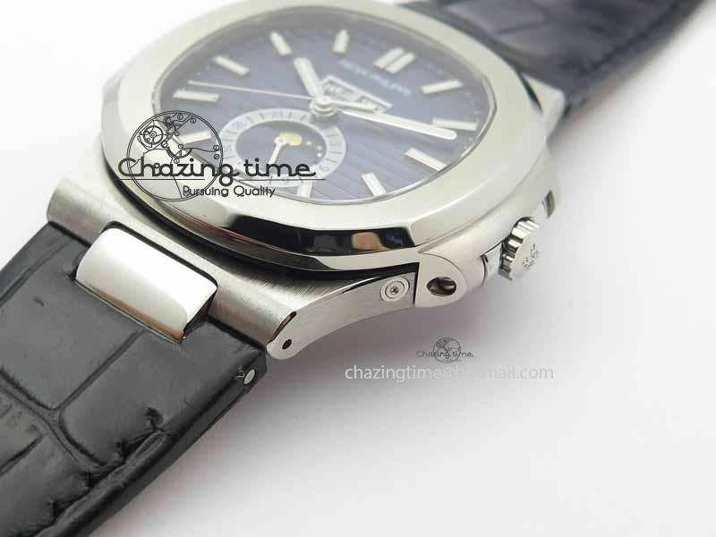 Nautilus 5726 Moonphase SS Blue Textured Dial On Black Leather Strap