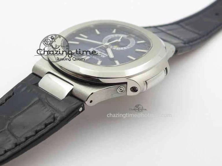 Nautilus 5726 Moonphase SS Blue Textured Dial On Black Leather Strap